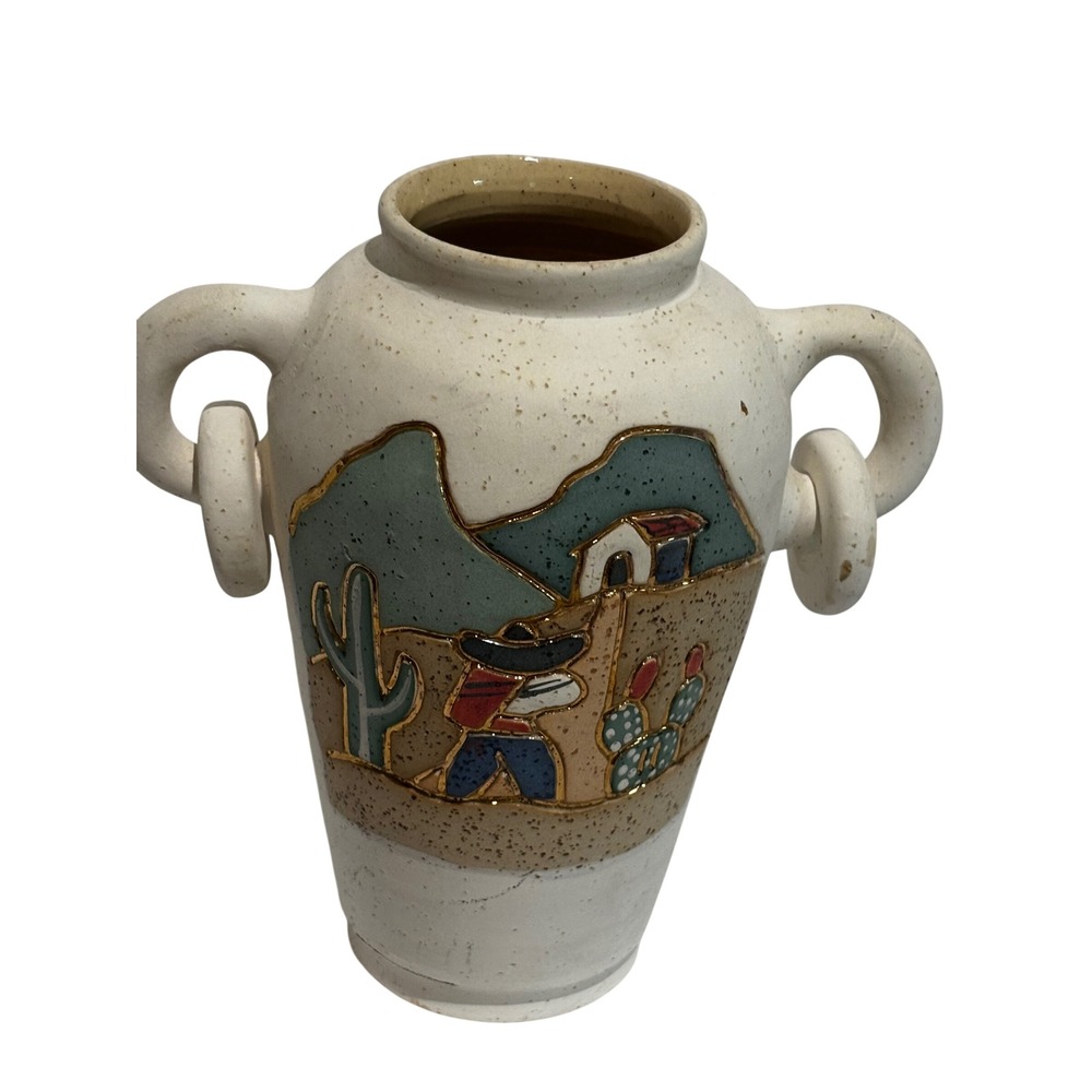 Southwestern Hand Painted Pottery Vase Desert Scene Ring Handles Gold Trim Aztec